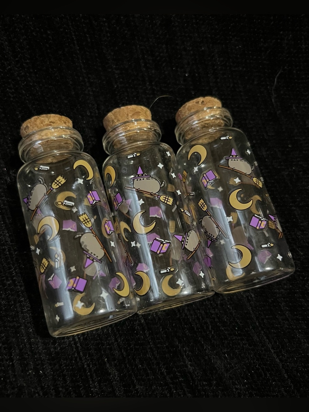 Pusheen Glass Cork Vial Trio with Purple & Gold Magic Motifs